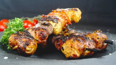Grilled skewers with bratwurst